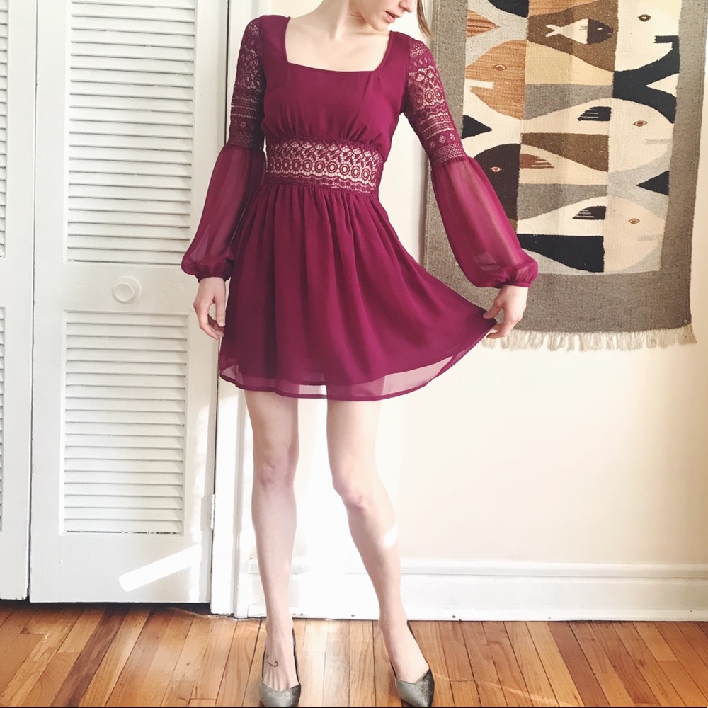 Topshop Burgundy Long Sleeve Lace Bodice Mini Dress